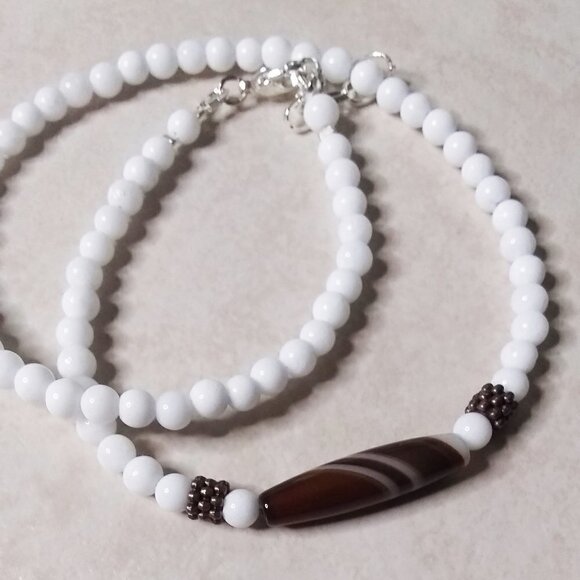 Dainty Slim-Line Wrap Bracelet for 7" Wrist - Brown Banded Agate + Ceramic Beads - Picture 6 of 7